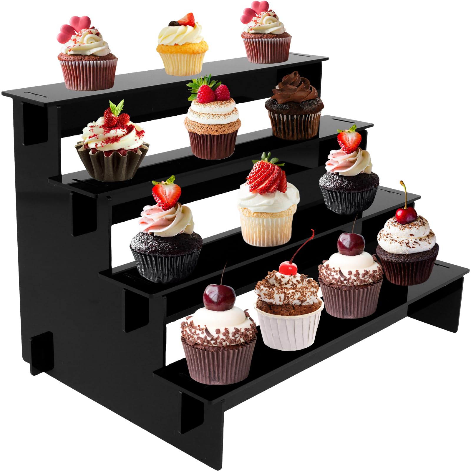 NIHUIFDPY Black Acrylic Display Stand 4 -Tier Step Display Riser Shelf for Cupcake, Trophy, Perfume, Figures, Cosmetics, Jewelry, Collections and Party Desserts