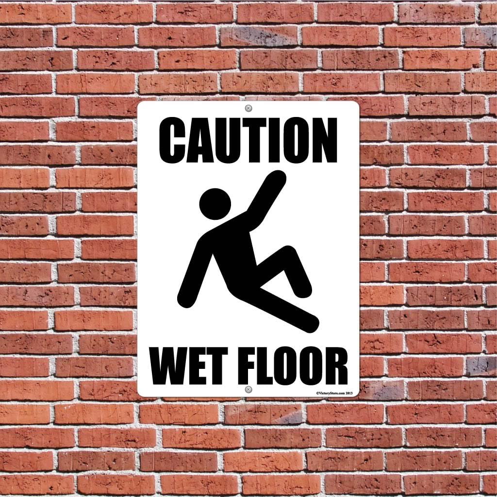 VictoryStore Yard Sign Outdoor Lawn Decorations: Caution Wet Floor Aluminum Sign, Size 12 inch x 18 inch, Black and White Design