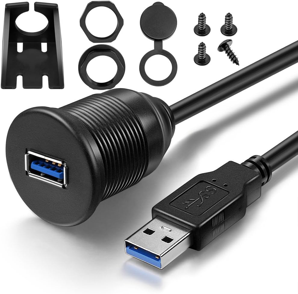 USB 3.0 Male to USB 3.0 Female AUX Flush Mount Car Mount Extension Cable for Car Truck Boat Motorcycle Dashboard Panel (1 meter)