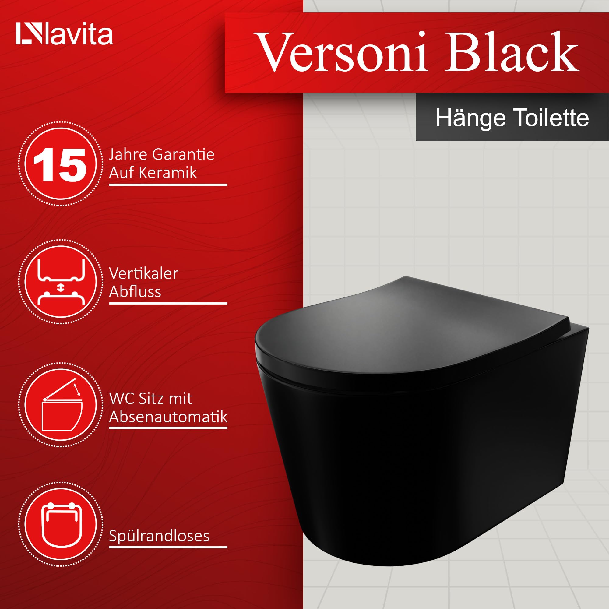 LAVITA Versoni Tornado 2.0 - Inodoro de pared con descenso automático y bisagras de metal, sin bordes, sistema de descarga suspendido, color negro