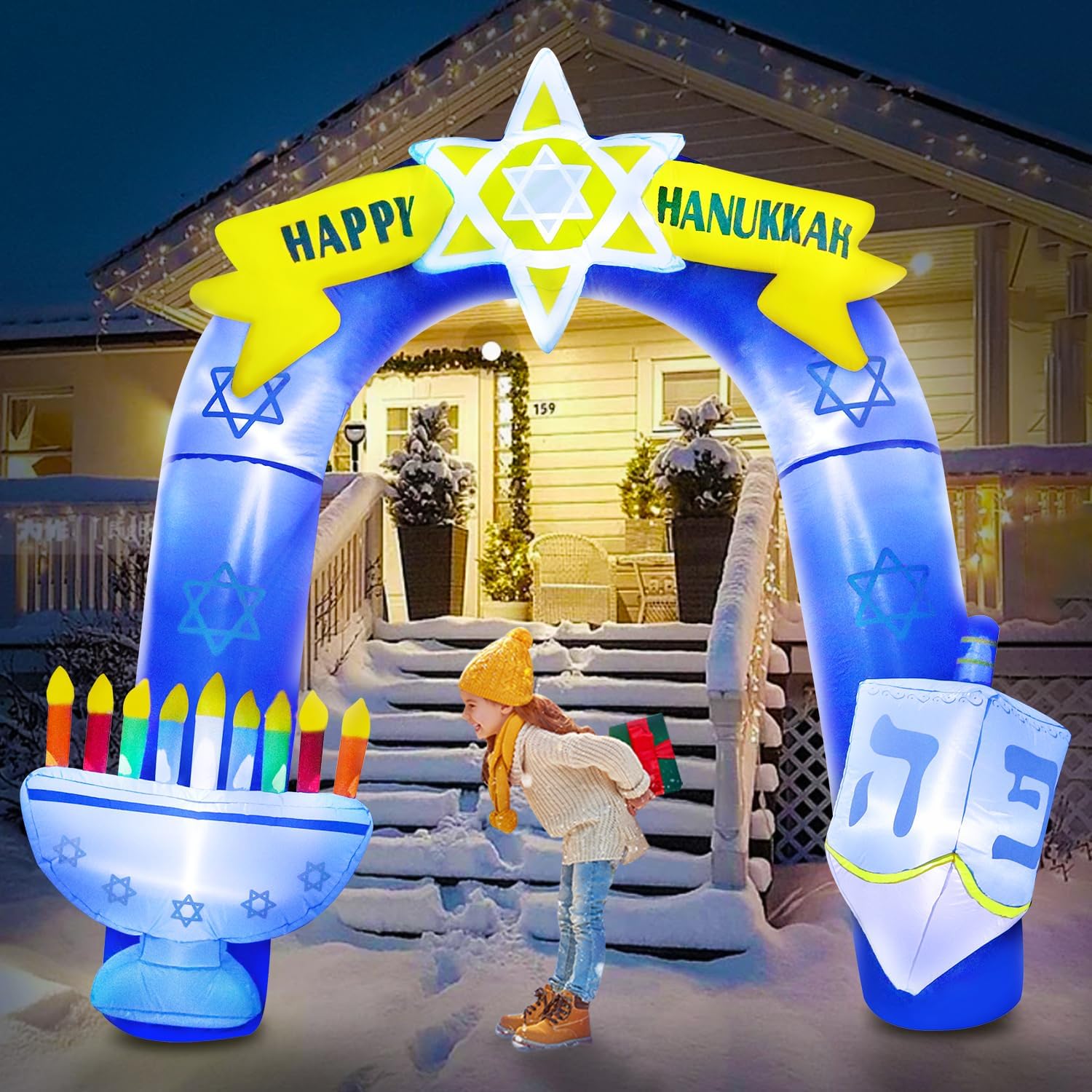DomKom 8FT Hanukkah Inflatable Outdoor Decorations,Chanukah Blow up Nutcracker Holding Menorah, Build-in Led Light for Party Yard Holiday Decor