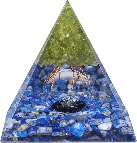 mookaitedecor Pirámide de orgón de árbol de la vida de peridoto con piedras pulidas de lapislázuli y bola de cristal de cristal, generador de