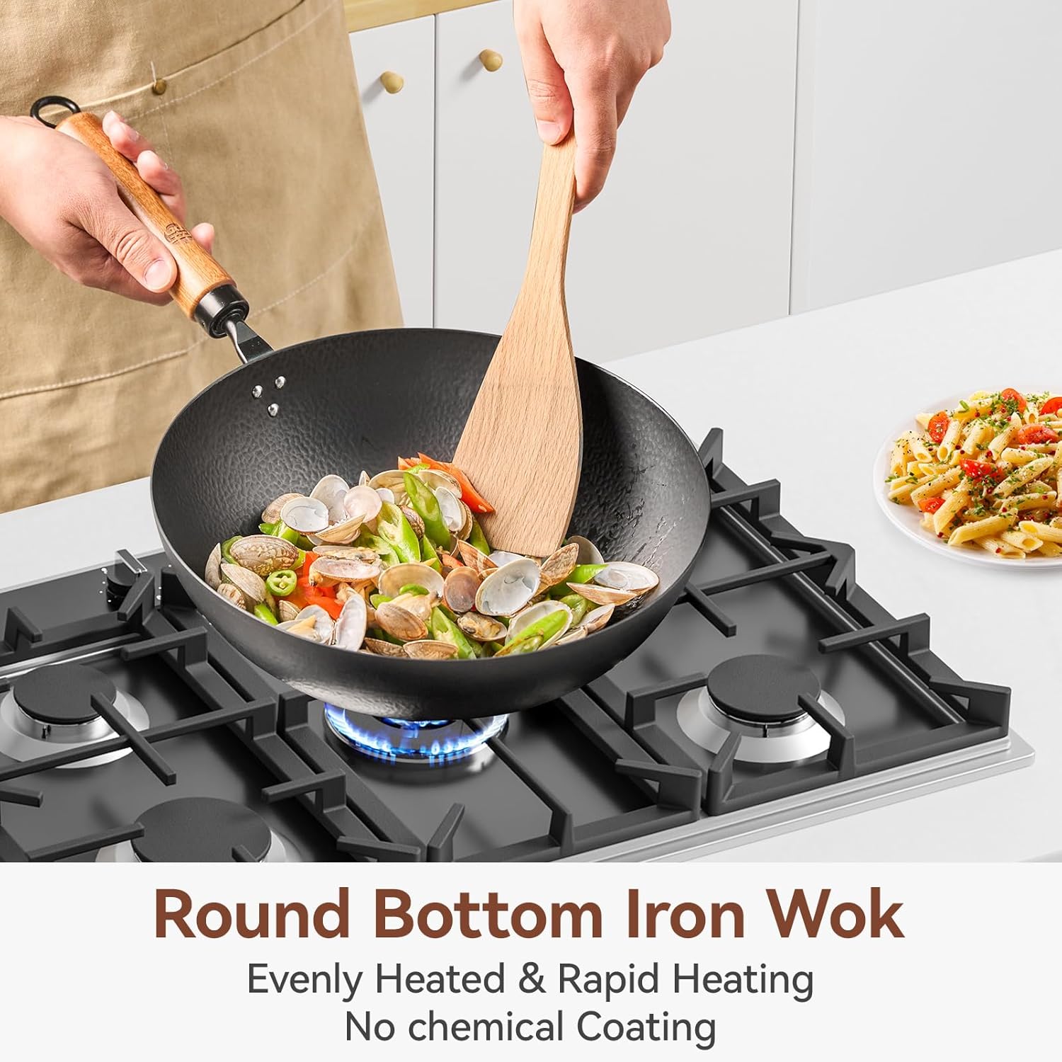 WANGYUANJI 11" Traditional Round Bottom Iron Wok,Cast Iron Wok Ring for Gas Stove, 8.3" Non-Slip Wok Support Rack