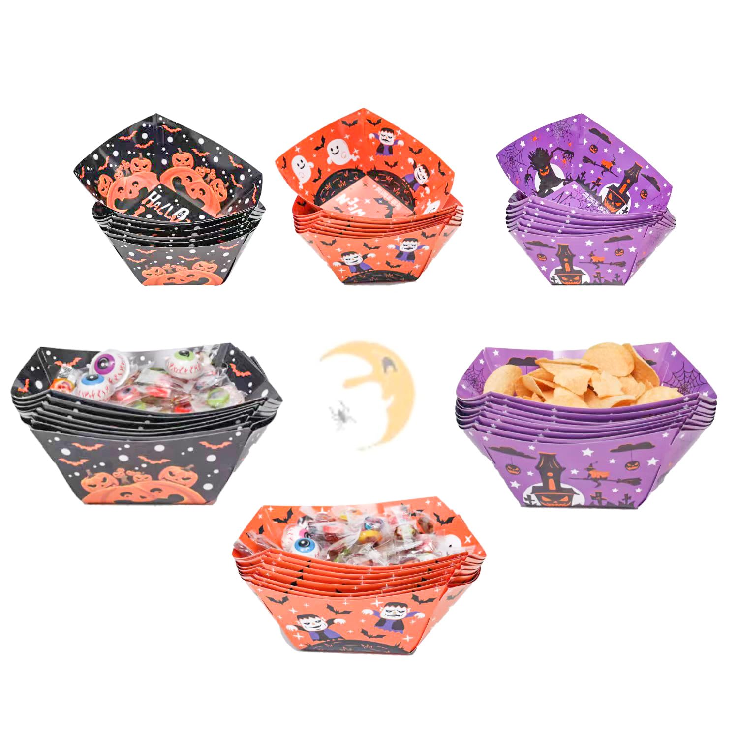 Ouksma 24 Pcs Halloween Paper Food Trays Halloween Paper Food Boats Halloween Paper Bowls Halloween Party Serving Trays Disposable Halloween Snack Candy Food Holder Halloween Party Supplies