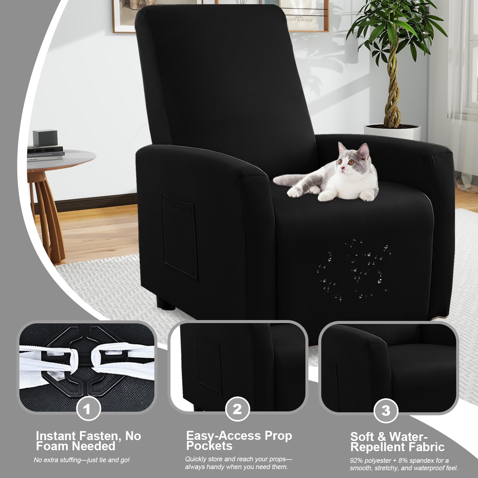 Funda Sillon Relax Reclinable, 4 Piezas Fundas Sillon Relax de 1 Plaza con Bolsillos, Impermeable Elástica Funda Butaca Reclinable Protect para Sillón de TV, Sillón Relax (Negro)