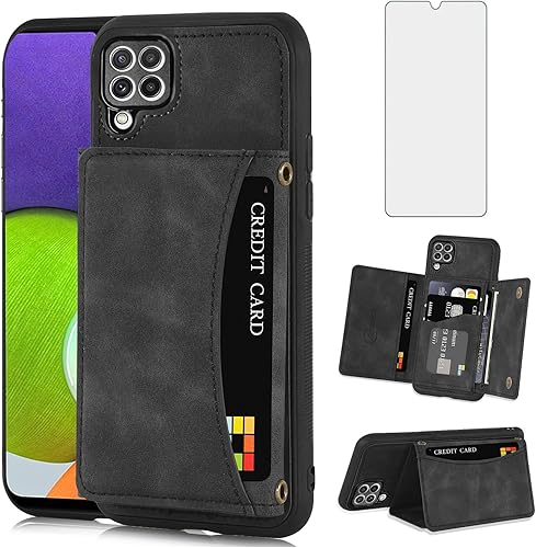 Asuwish Funda de teléfono para Samsung Galaxy A22 4G de 6.4 pulgadas con protector de pantalla de vidrio templado y soporte de tarjeta de crédito de