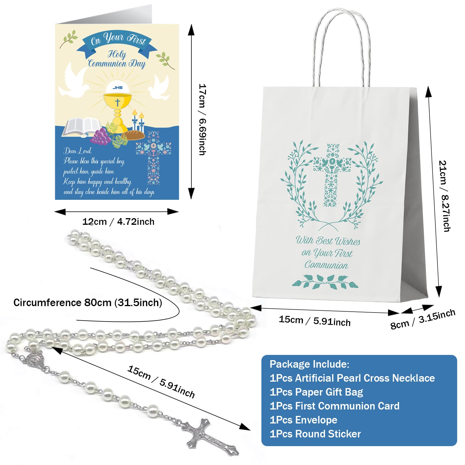 Set Regalo Prima Comunione Per Ragazzo: Biglietto + Collana Rosario Perla Blu | Regalo Religioso Per Bambino - 2