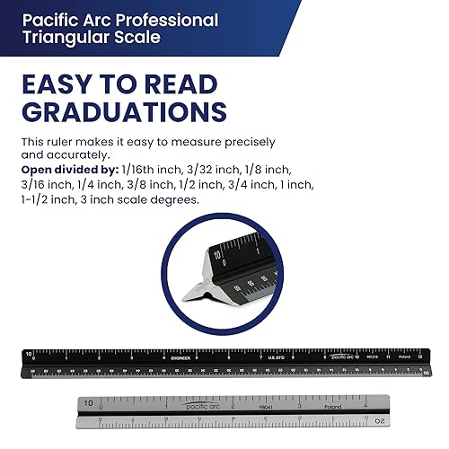 Miniatura 5 de Pacific Arc Regla de escala económica de ingeniería, dividida por 10, 20, 30, 40, 50, 60 grados a escala de partes, 12 pulgadas, amarillo, fabricado