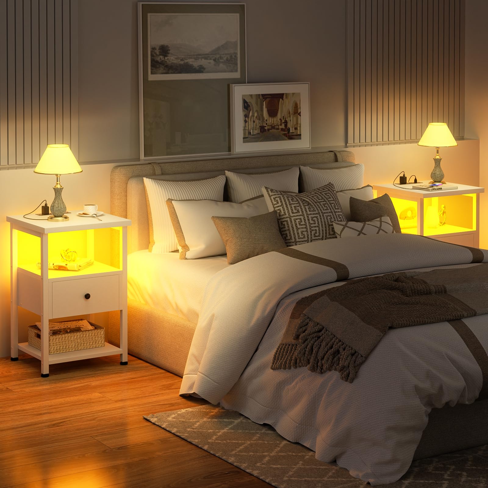 iSunirm Table de Chevet avec LED, Table de Nuit en Bois avec Station de Charge, Chevet avec Tiroirs en Bois, Meuble de Chevet pour Chambre et Salon, Blanc
