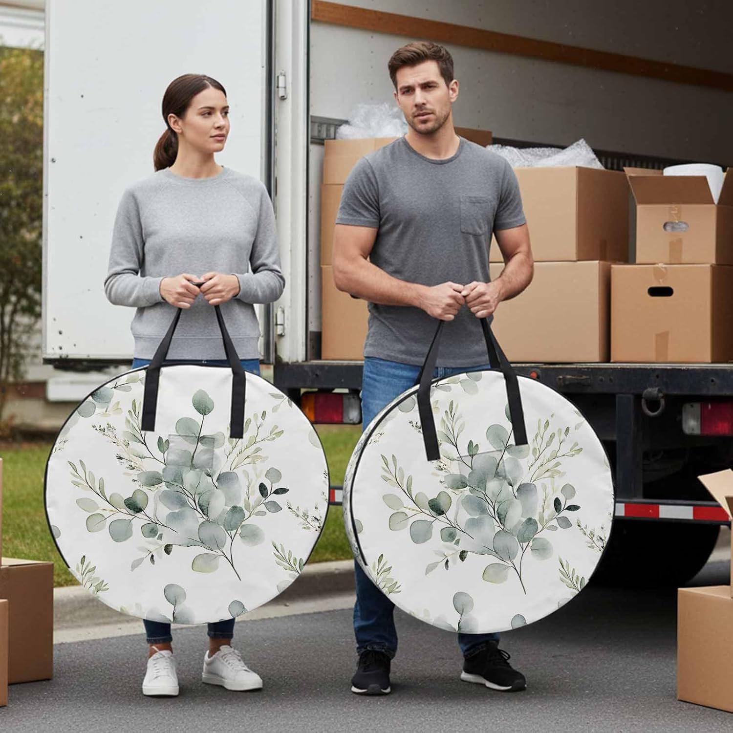 Watercolor Sage Round Storage Bag 36 Inch, Green Eucalyptus Leaves Spring Plants Clothes Storage Container with Handles Heavy Duty Organizer for Comforter, Bedding & Holiday Wreaths