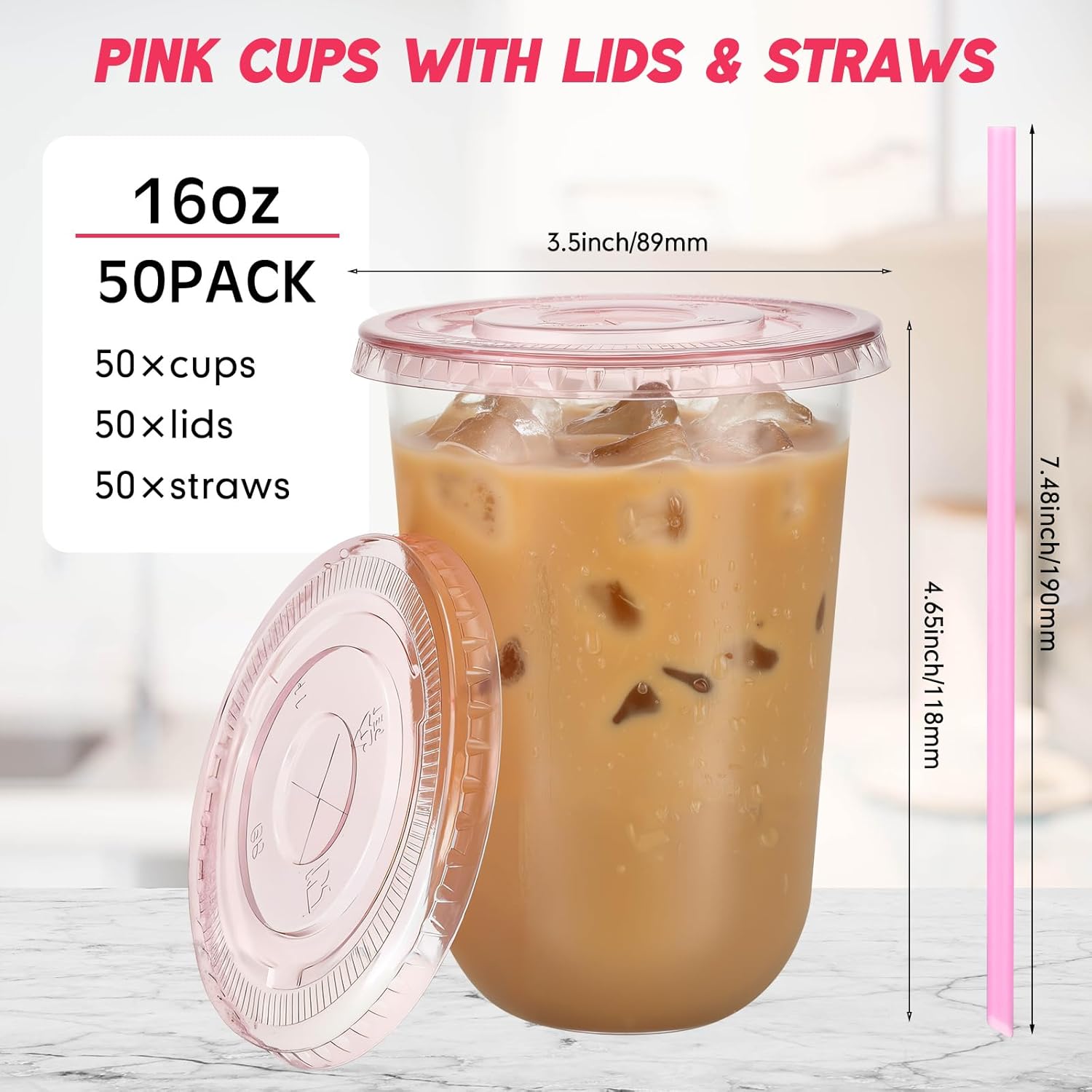 Ziliny 50 Sets Clear Round Bottom Plastic Cups with Lids and Straws, Cute Disposable Drinking Coffee Cups, for Christmas Valentine's Galentine's Day Party Wedding Birthday Supplies (16oz,Pink)
