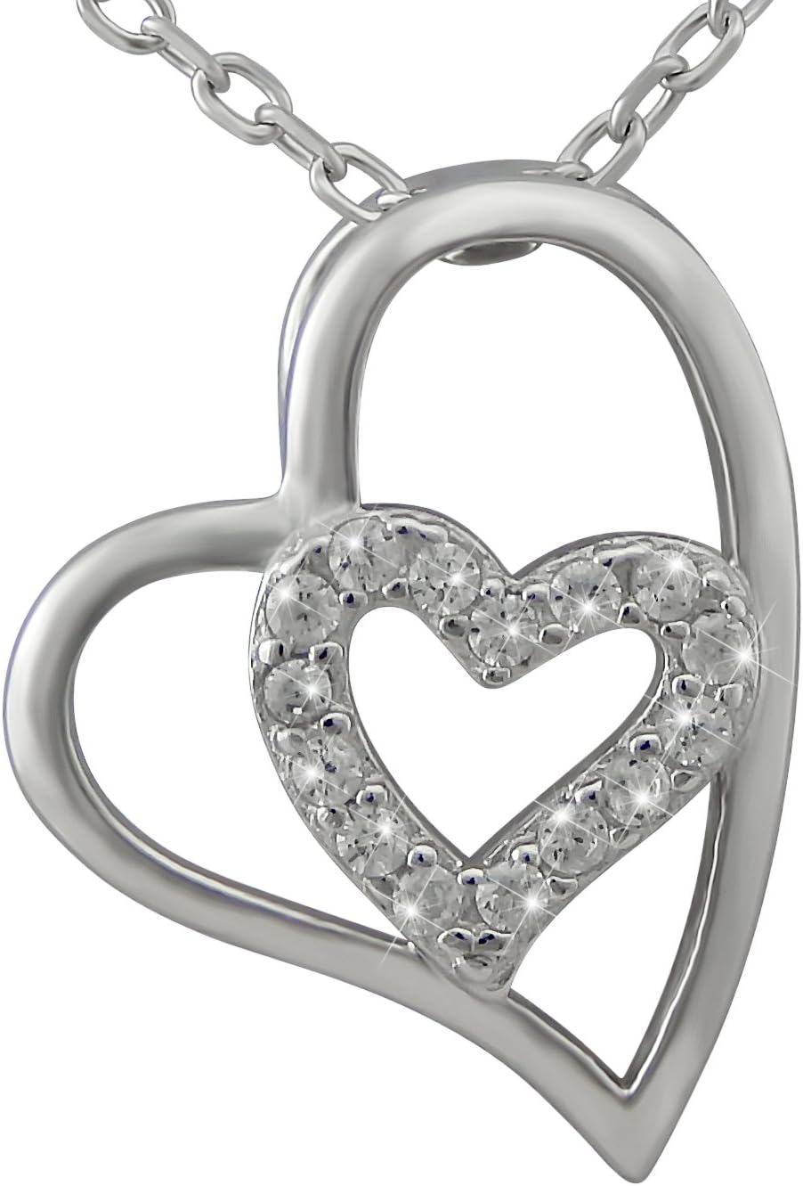 925 Real Silver Rhodium-Plated Women's Jewellery Necklace and Pendant Made of Real Silver - Necklace with Heart and 15 Zirconia Stones - Gift for Women