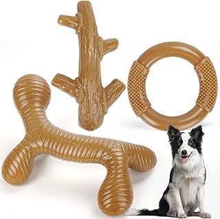 Dog Toys, 3 Pack Indestructible Dog Chew Toys for Aggressive Chewers, Tough Durable Nylon Teething Chew Toys for Large Medium Small Dog with Real Bacon Flavor (Light Brown)