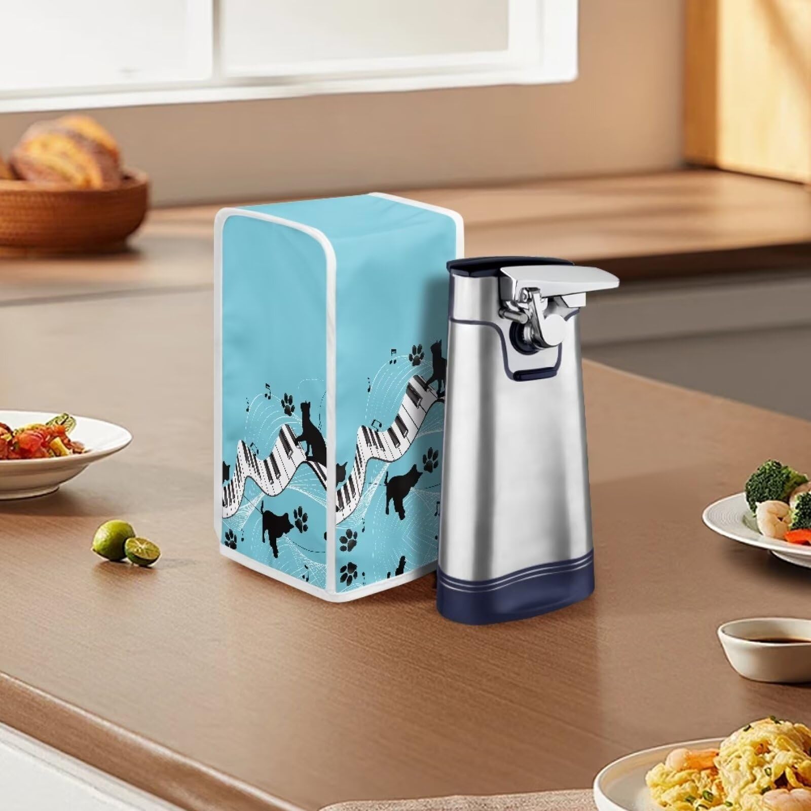 Annejudy Electric Can Opener Covers Dust Proof Can Openers Dust Cover Fits for Most Electric Automatic Can Openers 5.7×5.7×10 inches, Music Notes Black Cats