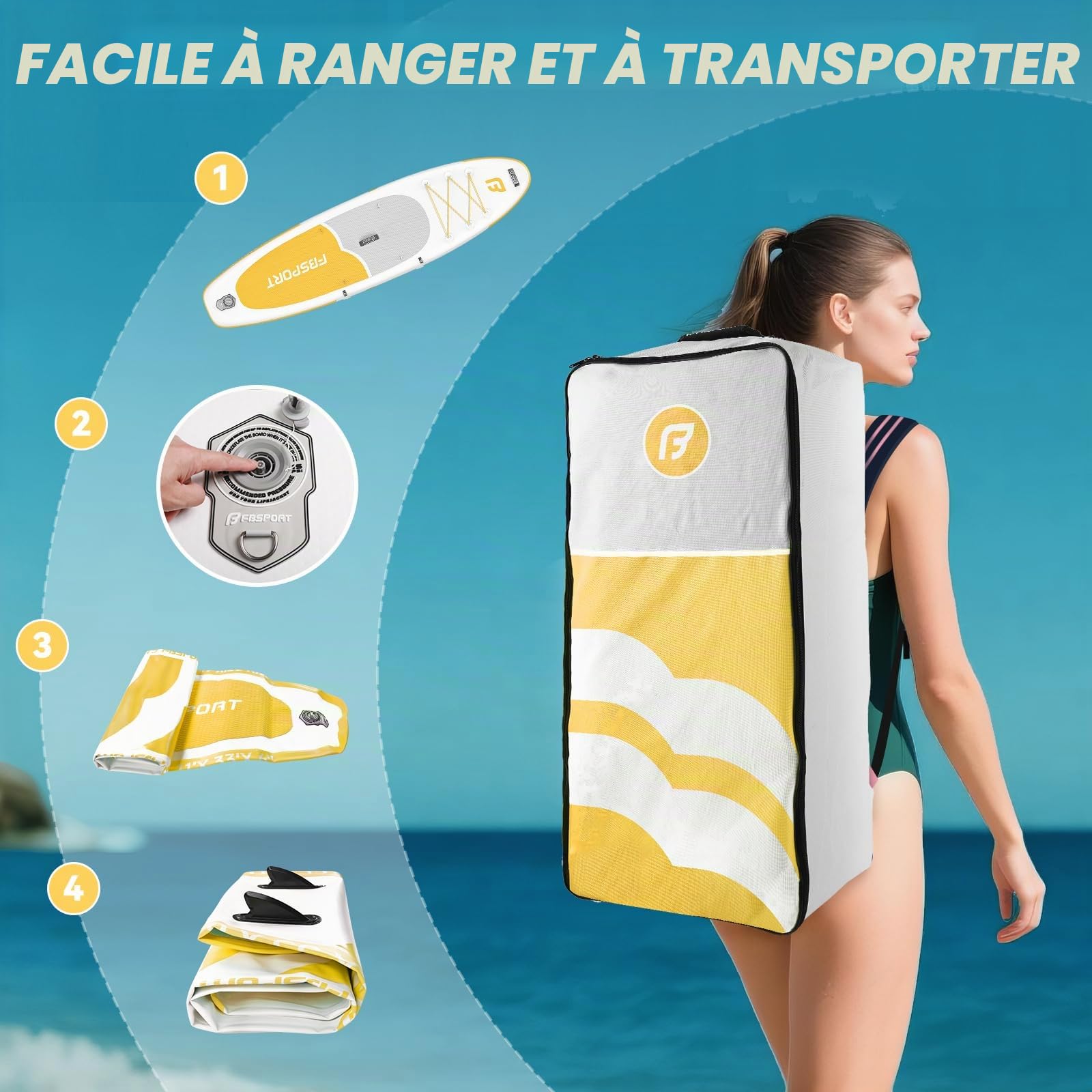 FBSPORT Paddle Gonflable Adulte 335 cm, Planches de Stand Up Paddle, 160kg de Capacité de Charge avec Pont Anti-dérapant, Set Complet avec Pagaie, Pompe, Sup Board pour Yoga, Surf en Voyage