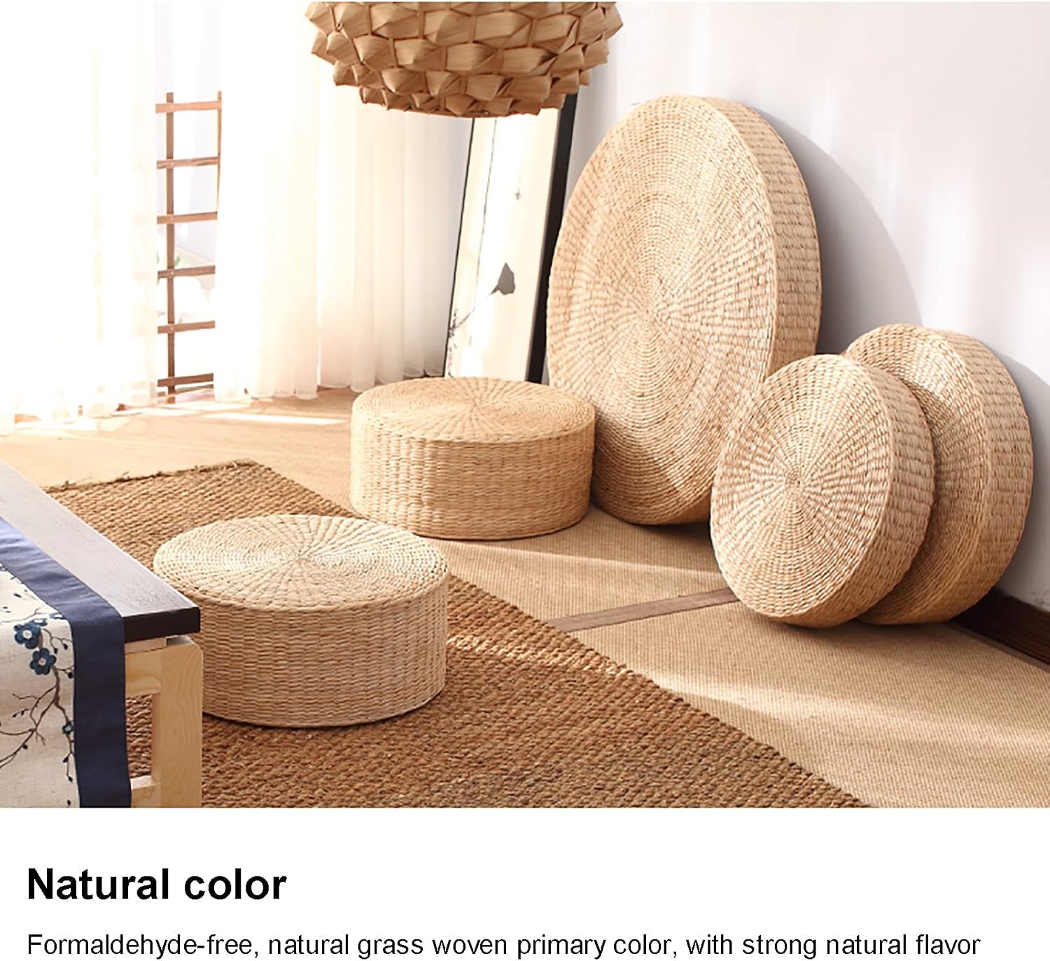 Straw Meditation Cushion,Round Floor Futon Seat Cushion Japanese Style Floor Pillow,Breathable Handmade Straw Mat for Yoga Tea Ceremony Home Decor-Thickness:10cm Diameter:45cm(18inch)