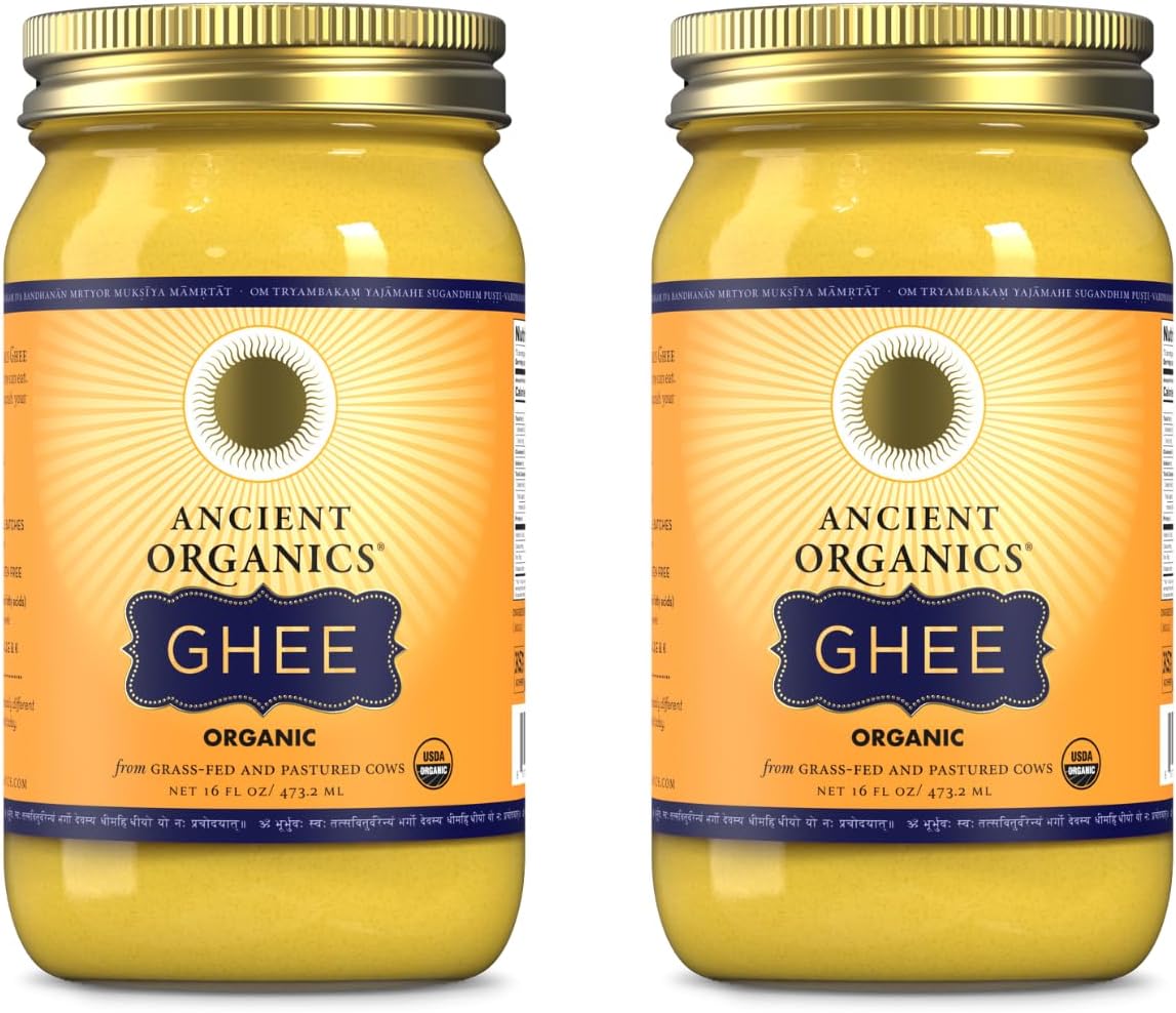 Ancient Organics Ghee, Organic Grass Fed Gluten Free Clarified Ghee Butter with Vitamins & Omegas, Lactose Free, 100% Certified Organic, Kosher, USDA Certified, Made in USA - 16 Fl Oz (Pack of 2)