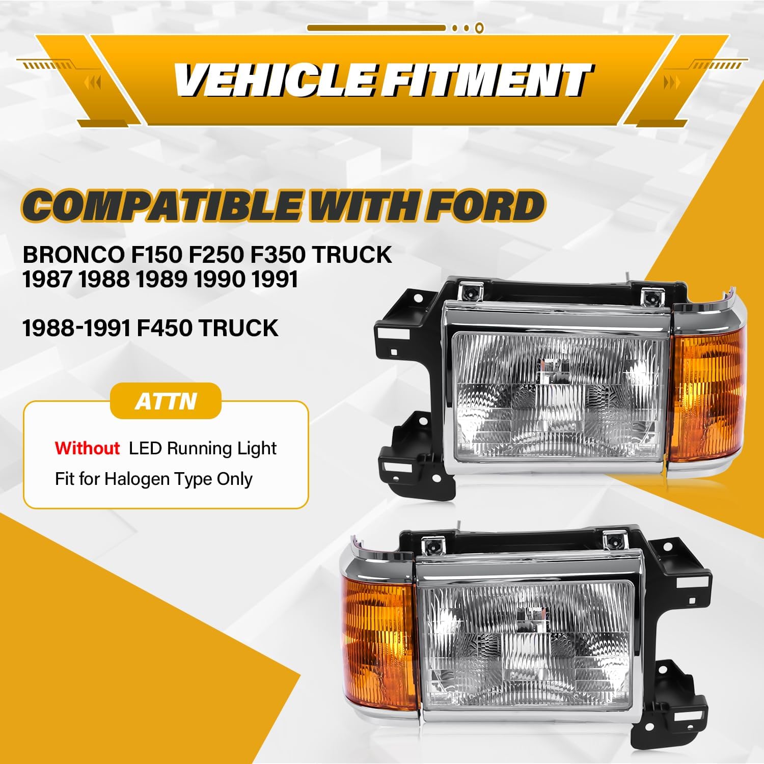 Headlight Assembly Compatible with Ford Bronco F150 F250 F350 F450 Truck 1987-1991 Halogen Type Head Lamp, OE-Style Headlight Replacement for E9TZ13008C E9TZ13008D, Chrome Trim Pair