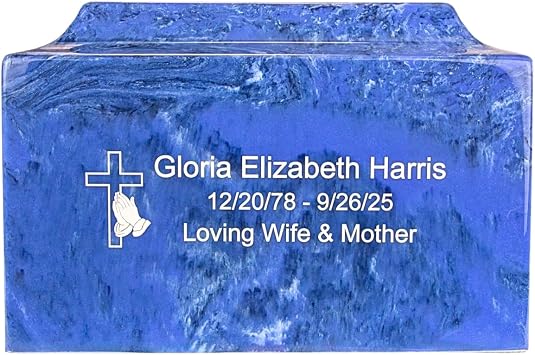 Custom Engraved Mystic Blue Classic Cultured Marble Cremation Urn for Human Ashes, Blue, Ground Burial, Home Display and Funeral Memorial