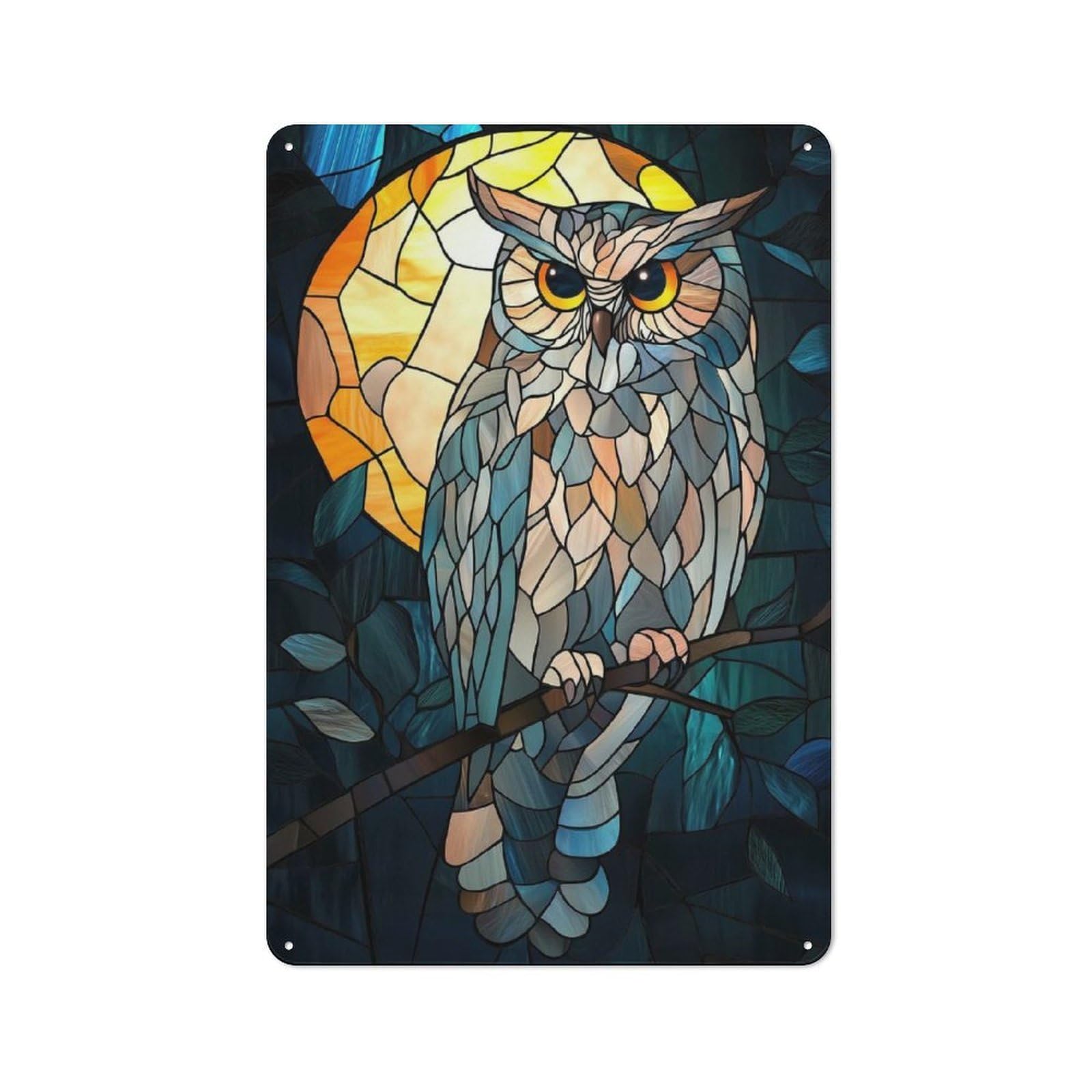 Junmoney Style-19 Metal Wall Sign 30X20cm Featuring Stained Glass Owl For Hallway Wall, For Vintage Wall Decor Fans, For Cafés, Pubs And Restaurants