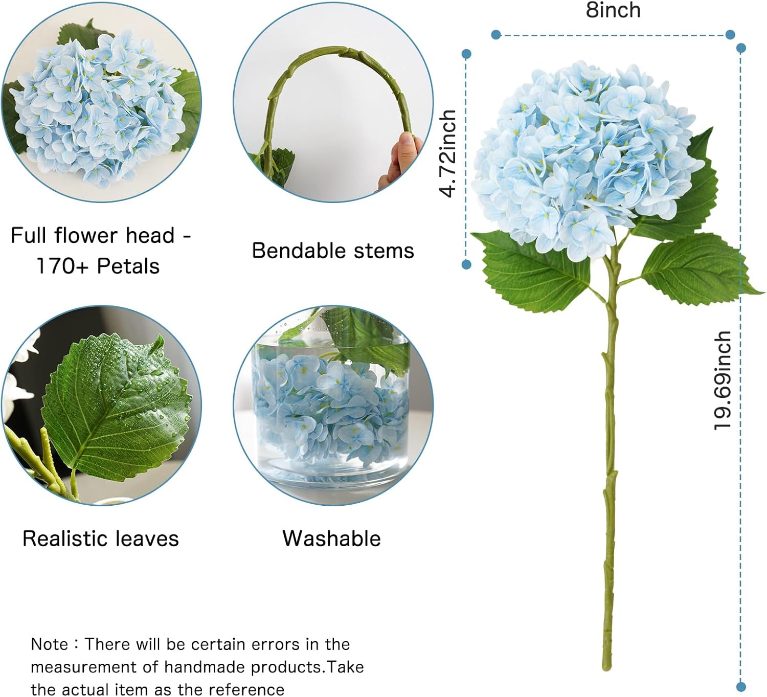 19 Inch Real Touch 4pcs Blue Hydrangea Artificial Flowers, Full Big Latex Texture Realistic Faux Hydrangeas Flowers for Tableside Kitchen Office Decor, Weddings Party Arrangements (Blue)