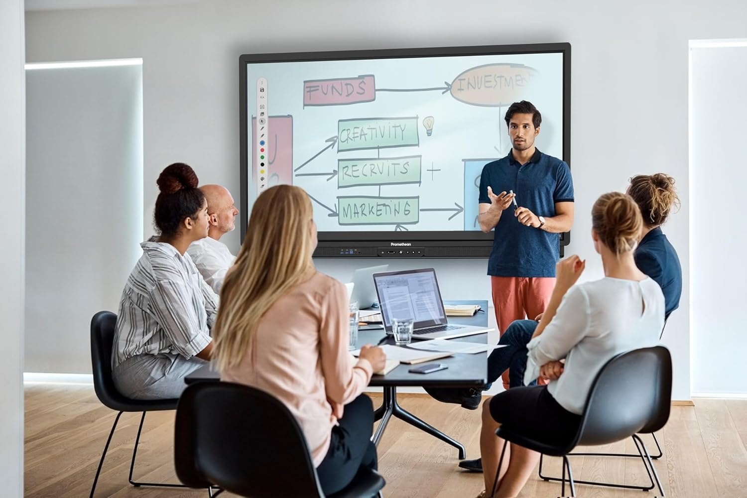 A group of people collaborating around the ActivPanel 9 Pro in a meeting room