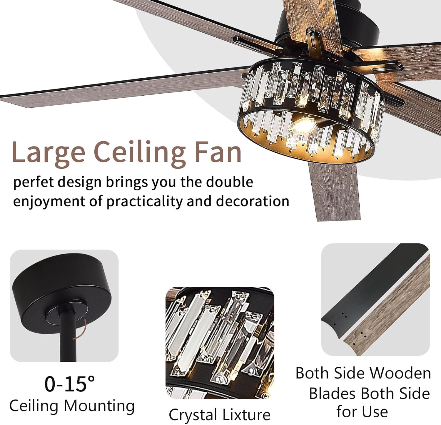 72 Inch Black Ceiling Fan with Lights and Remote, Modern DC Motor 6 Speed, 6 Wood Blades, Crystal Light Kit, Large Indoor/Outdoor Fan for Patio, Living Room, Bedroom