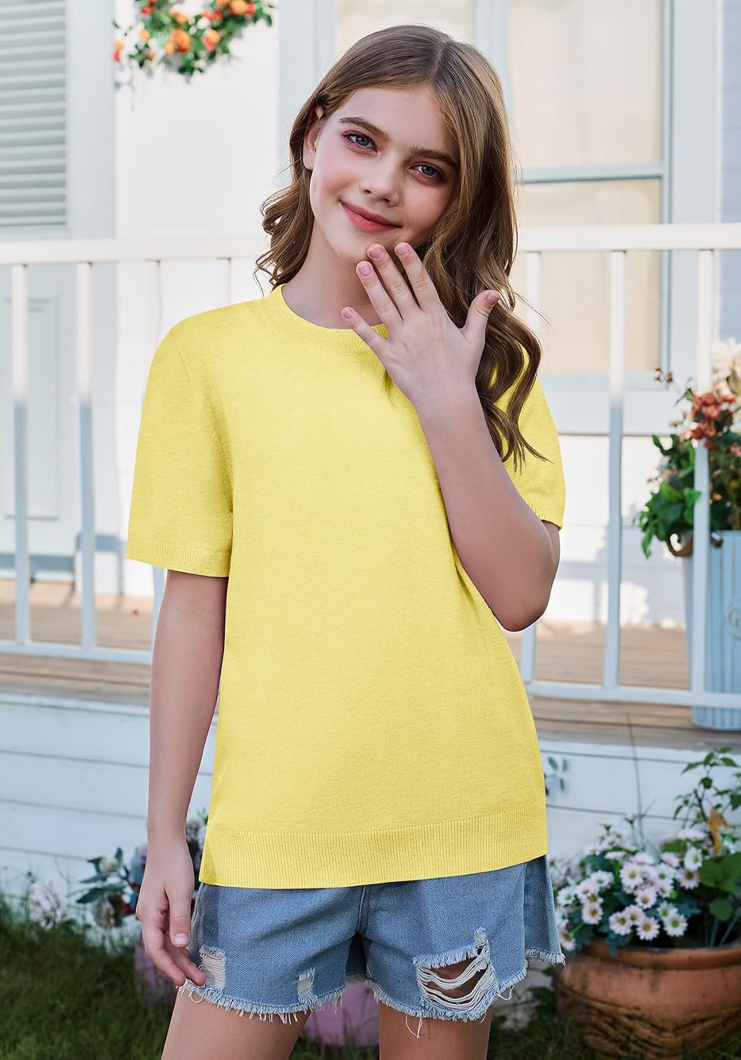 ZDC Girls Spring Clothes Kids Summer Short Sleeve Sweaters Lightweight Cute Tops School Shirt