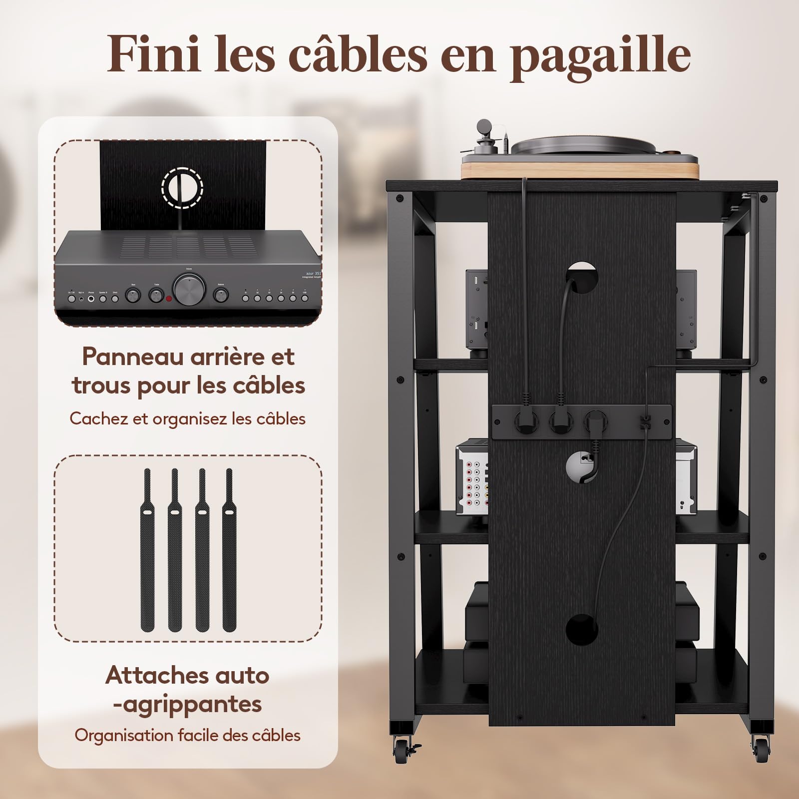 Lifewit Meuble Hifi 4 Niveaux avec Multiprises et Lumières LED, Meuble Vinyle en Bois et Acier, 60 x 55 x 90 cm, Noir