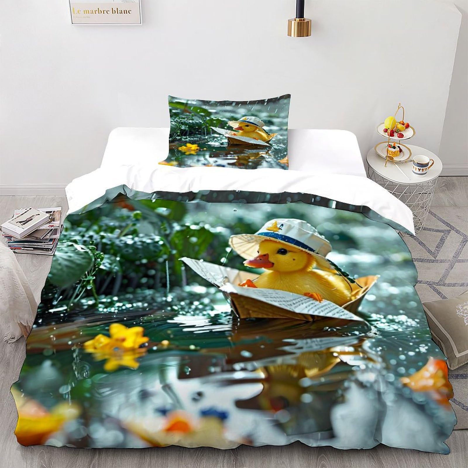 Housse de couette 2 pièces animal microfibre canard bateau en papier 135x200