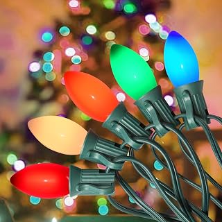 C9 LED Multicolor Christmas Lights Outdoor, 20Ft Vintage String Lights With 21 Colorful Plastic Bulbs (1 Spare), Hanging for Outdoor Roofline Christmas Tree Garden Decor, Green Wire