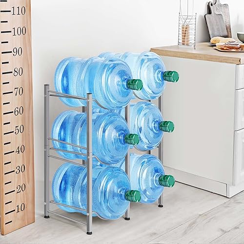 Miniatura 5 de LIANTRAL Soporte para botellas de agua de 5 galones, 3 niveles plateado de doble fila, resistente con 6 ranuras para cocina del hogar