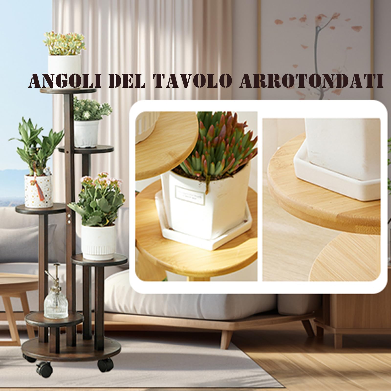 Porta Piante da Interno con Ruote, Scaffale 5 Livelli in Bambù Mobile 88 cm, Portavasi per Balcone, Giardino, Terrazzo, Supporto per Piante Reggivaso con Rotelle,Ø 31.5 cm (marrone)