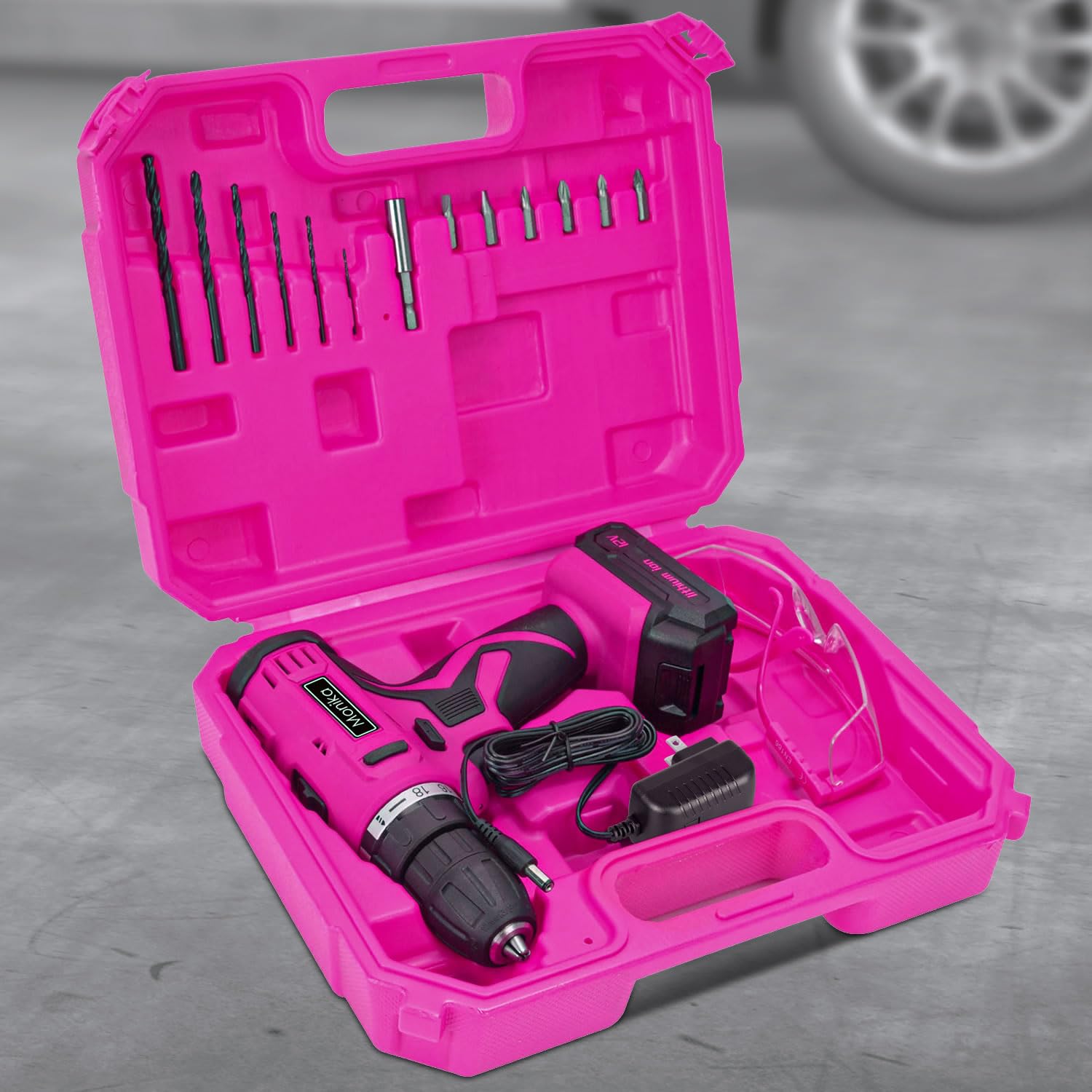 Monika Juego de brocas inalámbricas de litio rosa de 12 V, juego de brocas de tornillo, 18+1 ajuste de par, luz LED, taladro eléctrico para el hogar, oficina, bricolaje y perforación de pared, madera
