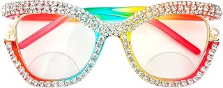 mincl Cat Eye Rhinestone Reading Glasses Bifocal Reading Glasses for Women Stylish bling Magnifying Blue Light Readers (rainbow, 4, multiplier_x)