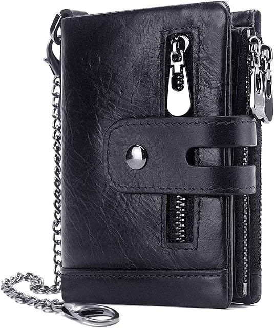 HUMERPAUL Mens Wallet with Chain RFID Blocking Men's Genuine Leather Wallet Bifold Wallet with Credit Card Holder and Zipper Coin Pocket Purse, Black