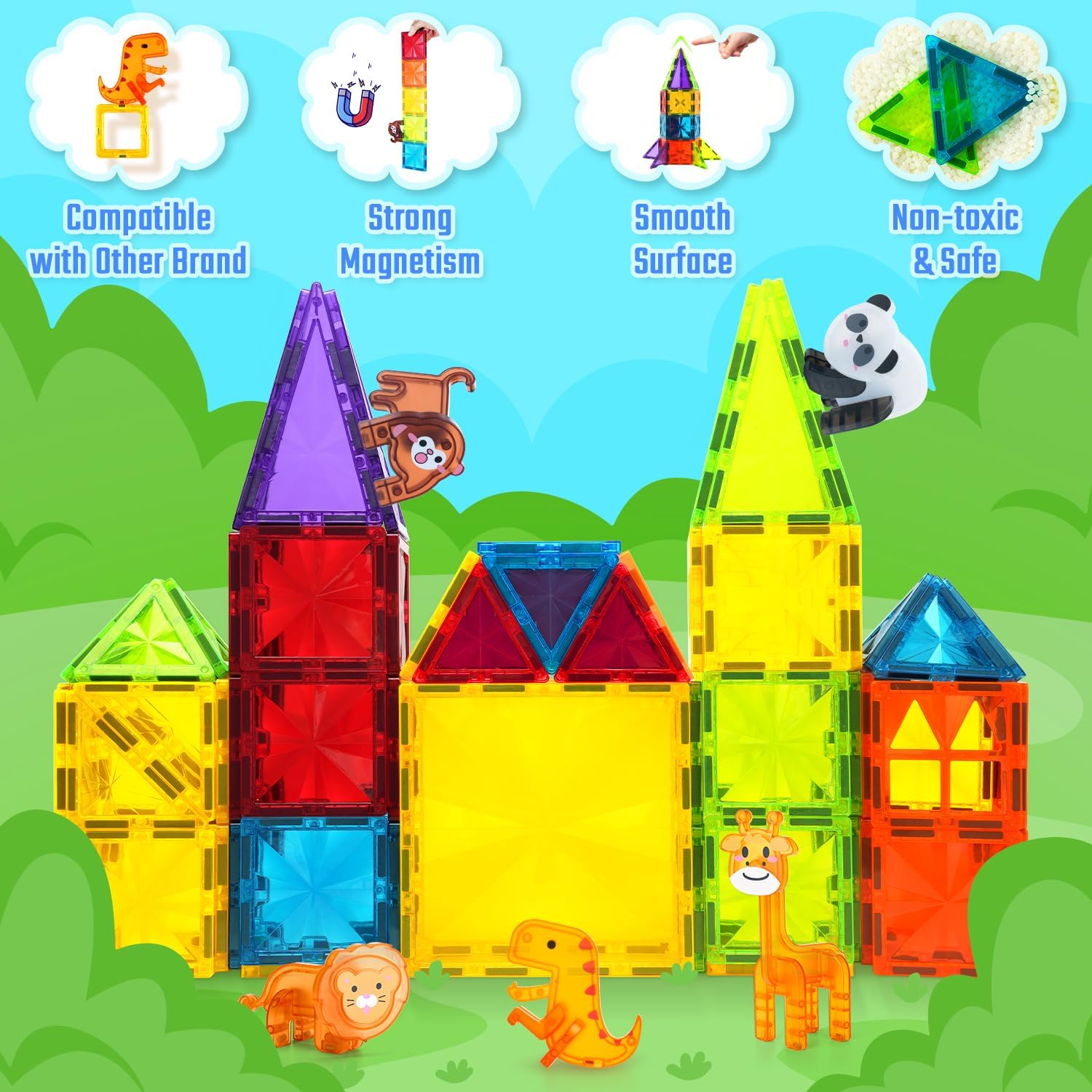 Close-up of magnetic tiles highlighting features like compatibility, strong magnetism, smooth surface, and non-toxic materials.