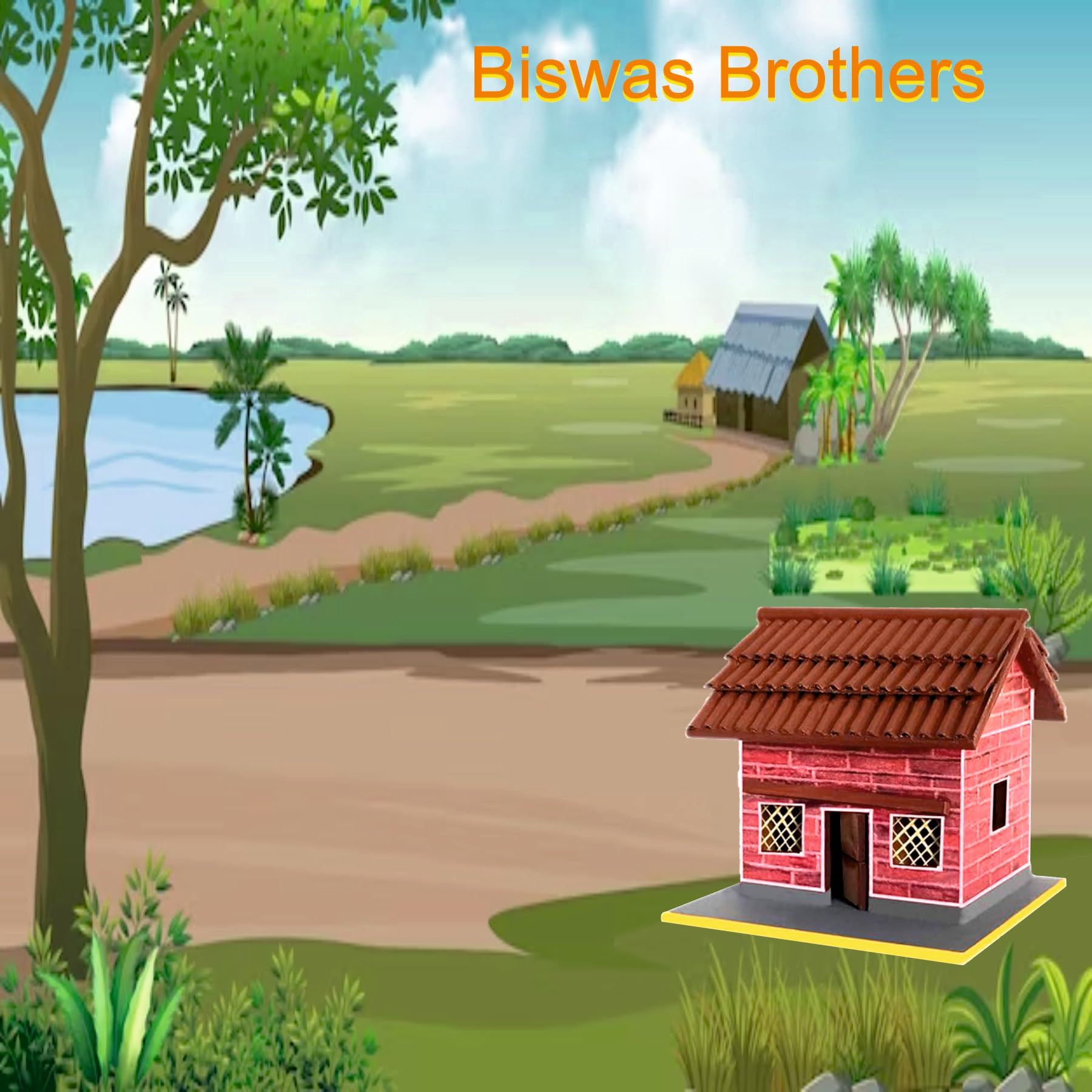 BISWAS BROTHER Village Hut Bricks Wall Roof Tiles Wood(65 MM 65 MM 75 MM) Sweet Home Village, Multicolor 1