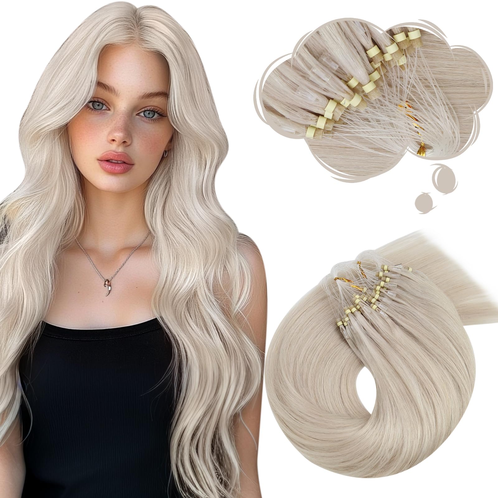 Moresoo Micro Link Hair Extensions Human Hair Bleach Blonde Micro Loop Hair Extensions Real Human Hair for Women 50G/50S 14 Inch