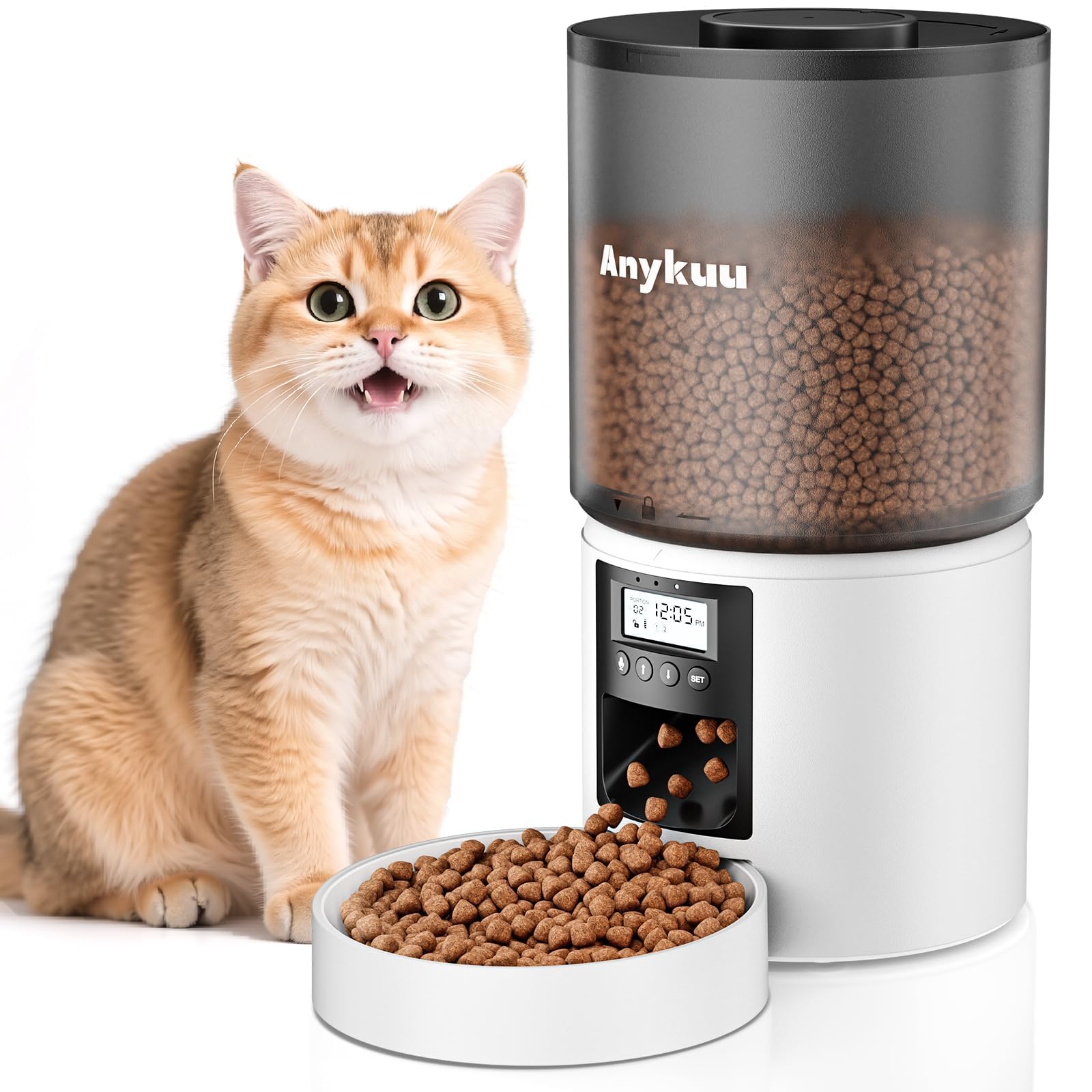 Anykuu Comedero Automático para Gatos 4L, 1-6 Comidas al Día | Enregistrement vocal 10s, minuterie, portions réglables, anti-blocage, alimentation précise, chats et petits chiens