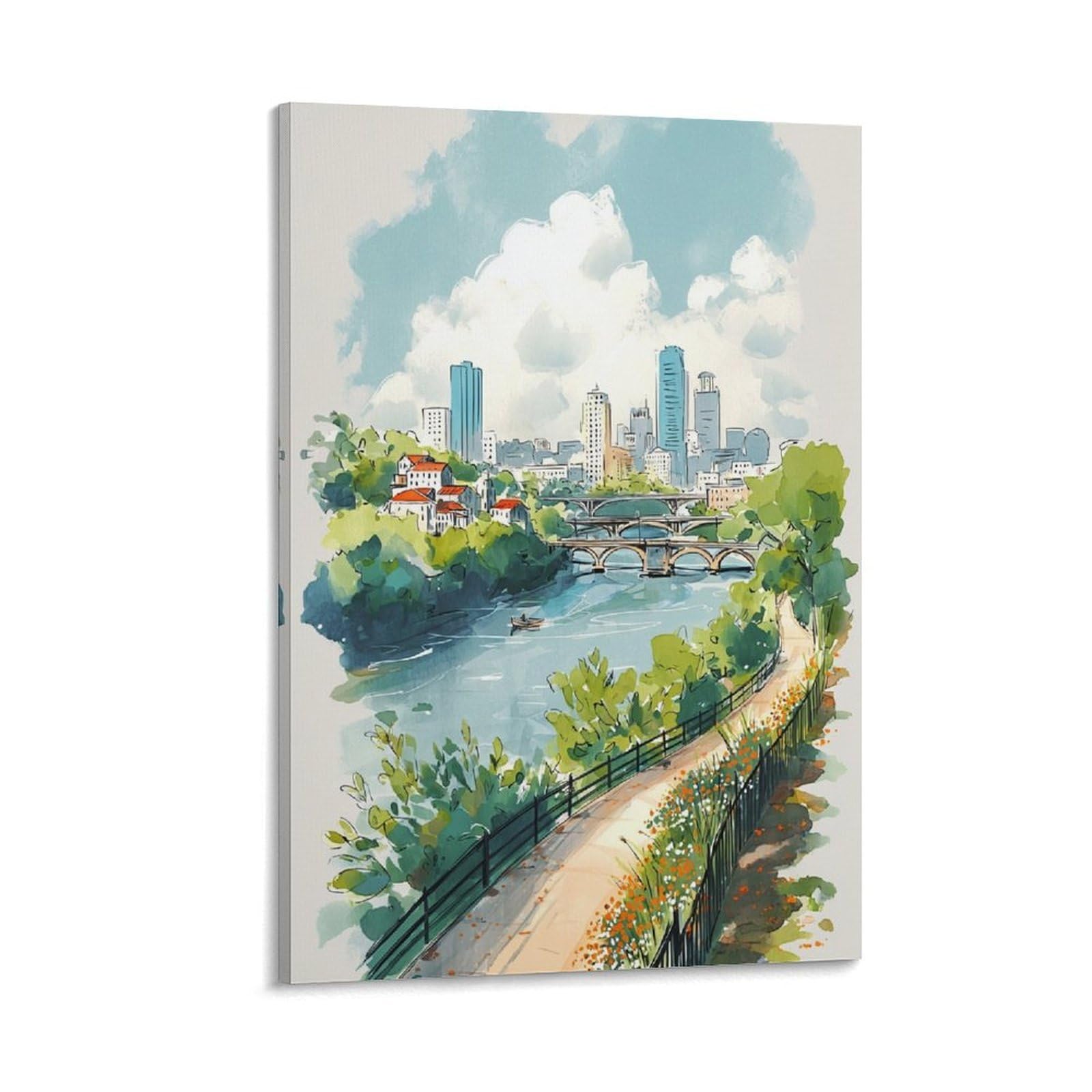 XWYMXZ Austin Texas Skyline Watercolor Print Travel Posters 24x36inch(60x90cm) Vintage Watercolor Canvas Art