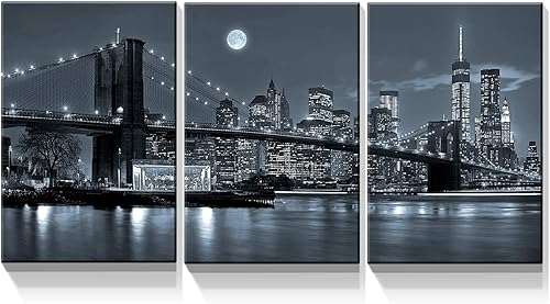 Miniatura 1 de Denozer - 3 paneles de impresiones artísticas en lienzo - Impresiones modernas de Nueva York, paisaje urbano, puente de Brooklyn, arte de pared para