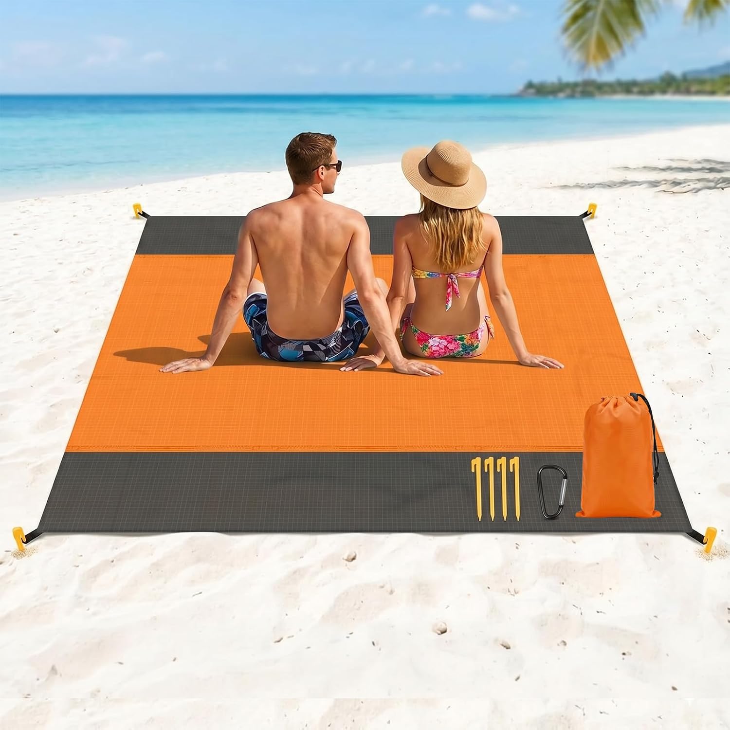 Portable Beach Sandproof Blanket, 83" x 79" Extra Large Camping Waterproof Mat, Lightweight Oversized Picnic Rugs with 4 Stakes and Carry Bag for Travel Hiking Outdoor, Orange