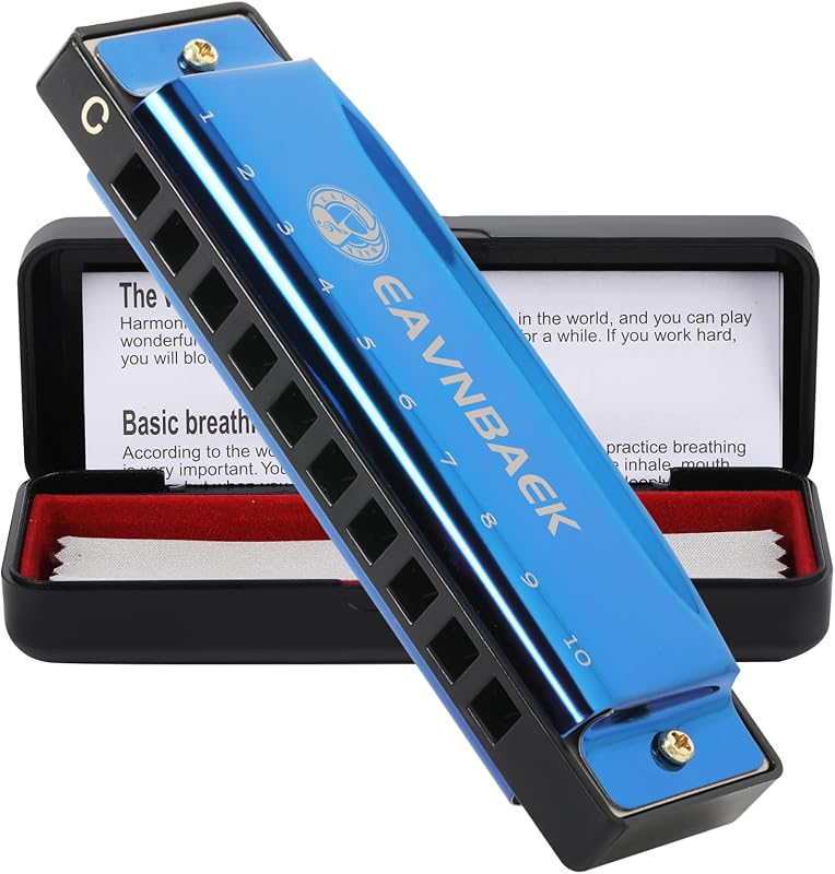 Eavnbaek 10 Holes 20 Tunes Blues Harmonica C Key Blue with Hard Case | Diatonic Harp Mouth Organ Durable Reeds and Metal Shinny Cover Plate For Adults Student Beginners Professionals Gifts
