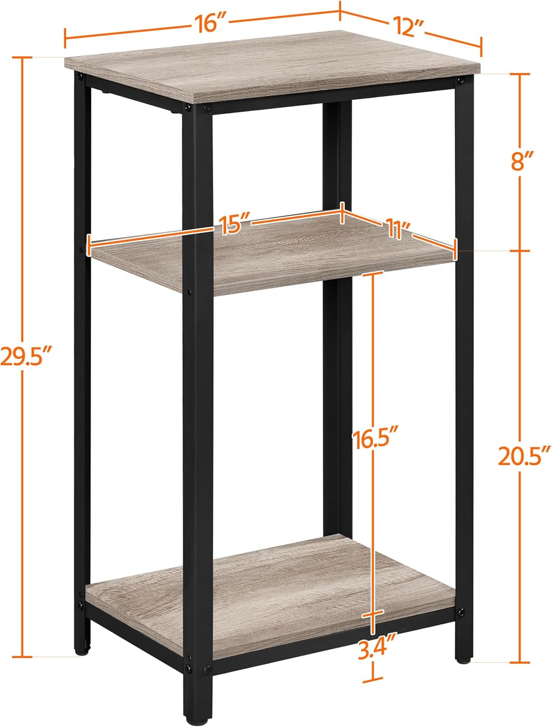 Yaheetech Tall End Table Set of 2, 18x14x29.5 inch Industrial Side Table with Strong Wooden Shelves, 2PCS Slim 3-Tier Telephone Table with Metal Frame for Living Room, Small Places - Gray