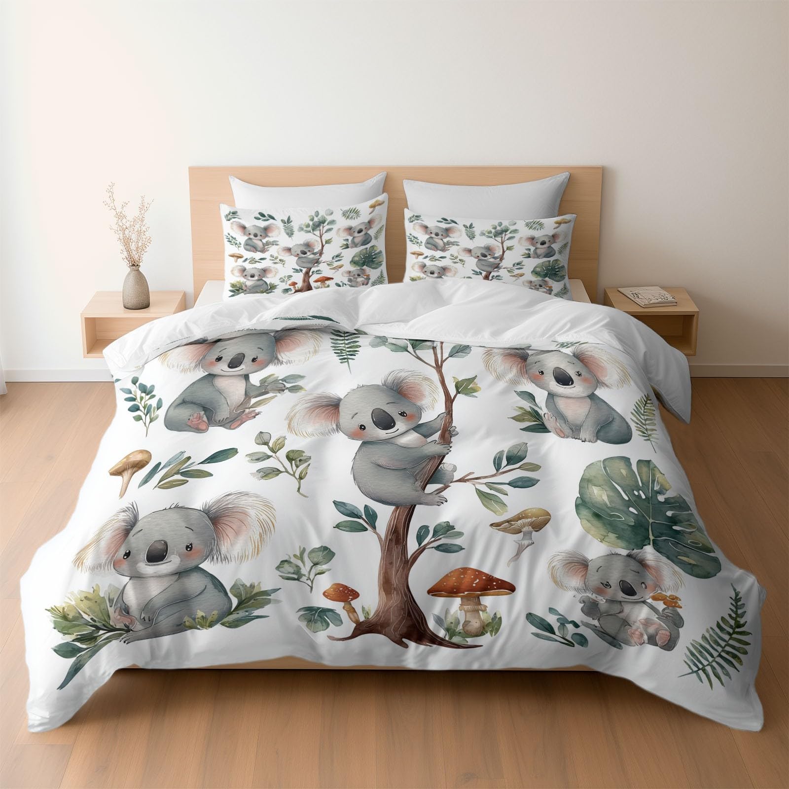 Housse de couette réversible 200 x 200 cm blanche parure de lit 2 personnes animaux koala