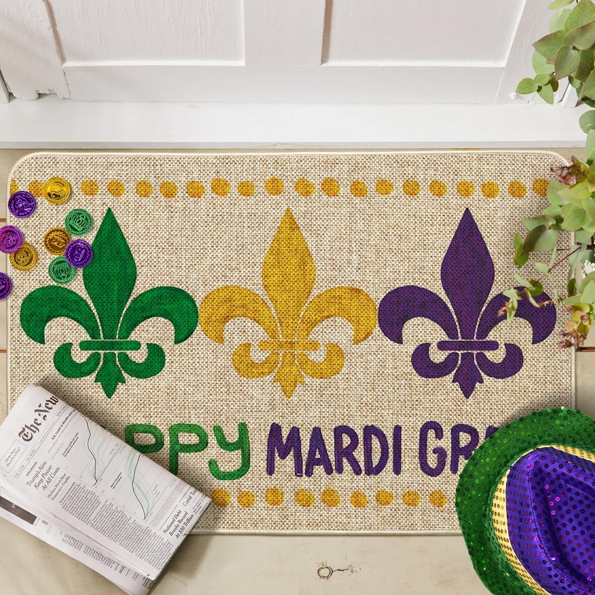 Artoid Mode Polka Dot Irises Happy Mardi Gras Doormat, Carnival Home Decor Low-Profile Switch Rug Door Mat Floor Mat for Indoor Outdoor 24x35 Inch