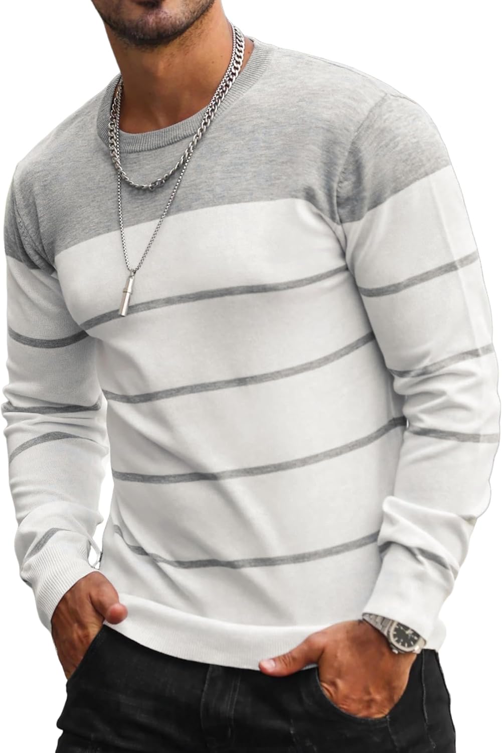 ZAFUL Men's Color Block Striped Pullover Sweater Crewneck Long Sleeve Sweater Slim Fit Casual Sweatshirts