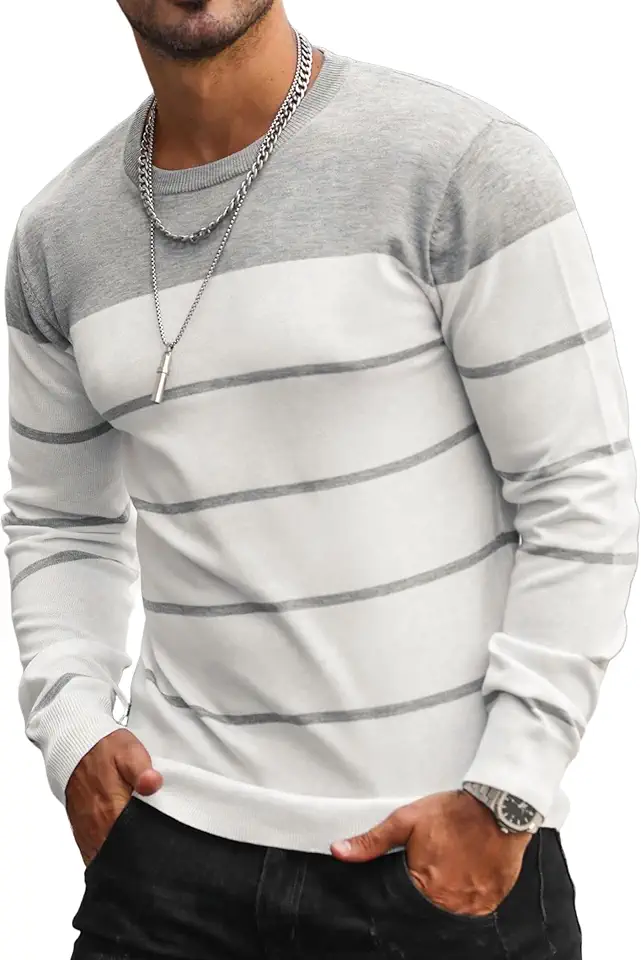 ZAFUL Men's Color Block Striped Pullover Sweater Crewneck Long Sleeve Sweater Slim Fit Casual Sweatshirts