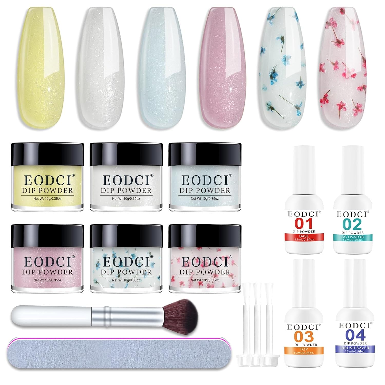 Eodci Dip Powder Nail Transparent Crystal Dried Flower Set, 6 Colors Dipping Powder Kit With Base & Top Coat/Activator/Brush Saver, Nail Art Manicure Salon DIY for Daily at Home Party Gifts for Women